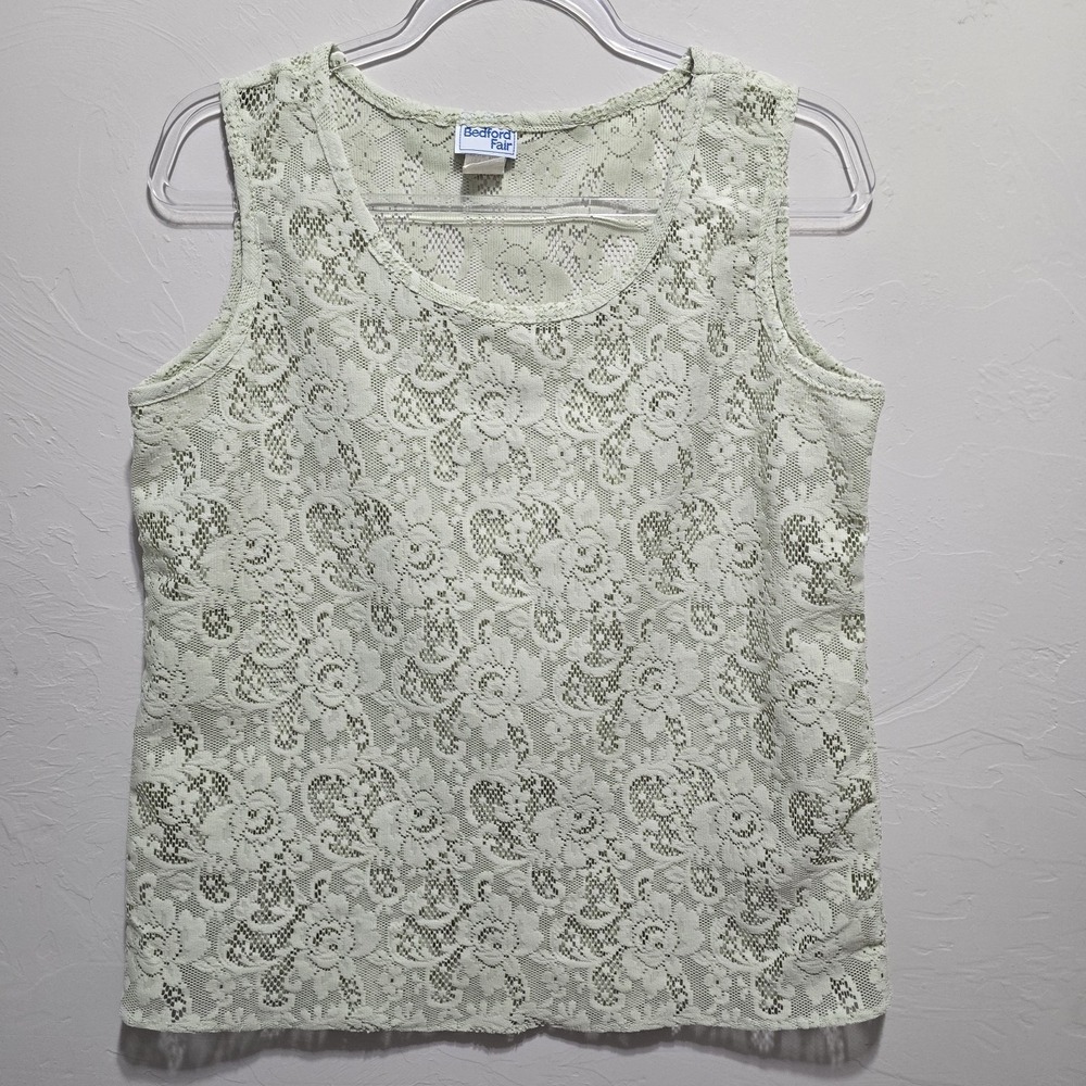 Vintage Bedford Fair Cream Lace Tank Top Womens M Floral Made USA 90s Cottage